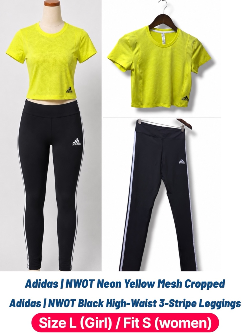 Adidas | Bundle Set: Neon Yellow Cropped Mesh Tee & Black 3-Stripe Leggings (L)